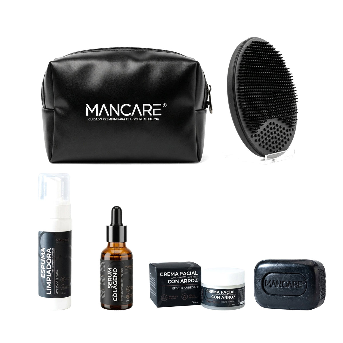 Kit MANCARE completo: espuma, serum, crema y jabón, con neceser y cepillo de regalo