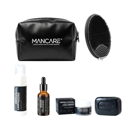 Kit MANCARE completo: espuma, serum, crema y jabón, con neceser y cepillo de regalo